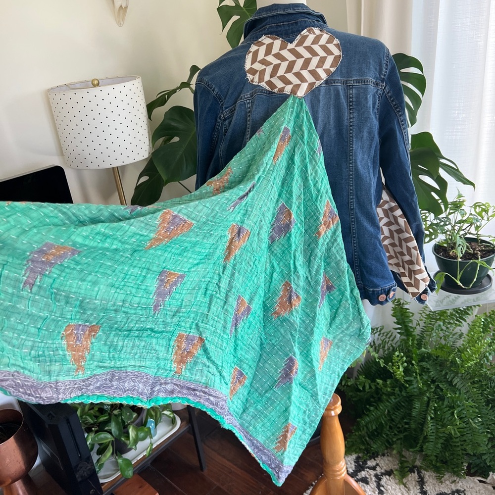 Wild Hope Upcycled Green Patterned Kantha Stretch Jean Jacket M - Picture 1 of 14